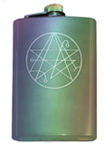 Necronomicon Sigil Engraved 8oz Hip Flask, Stainless Steel Many Colors-Brand New 8oz Flask with Engraved Necronomicon SIgil 8oz Stainless Steel Flask with easy closure screw cap lid. Measures 5.5" tall and 3.75" wide and holds eight shots. Available in your choice of color with optional funnel or gift box with funnel and cups. Ships from the USA Lovecraft Cthulhu -Rainbow FInish-Just the Flask-