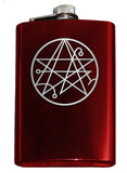 Necronomicon Sigil Engraved 8oz Hip Flask, Stainless Steel Many Colors-Brand New 8oz Flask with Engraved Necronomicon SIgil 8oz Stainless Steel Flask with easy closure screw cap lid. Measures 5.5" tall and 3.75" wide and holds eight shots. Available in your choice of color with optional funnel or gift box with funnel and cups. Ships from the USA Lovecraft Cthulhu -Red-Just the Flask-