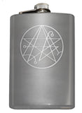 Necronomicon Sigil Engraved 8oz Hip Flask, Stainless Steel Many Colors-Brand New 8oz Flask with Engraved Necronomicon SIgil 8oz Stainless Steel Flask with easy closure screw cap lid. Measures 5.5" tall and 3.75" wide and holds eight shots. Available in your choice of color with optional funnel or gift box with funnel and cups. Ships from the USA Lovecraft Cthulhu -