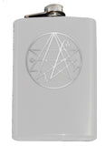 Necronomicon Sigil Engraved 8oz Hip Flask, Stainless Steel Many Colors-Brand New 8oz Flask with Engraved Necronomicon SIgil 8oz Stainless Steel Flask with easy closure screw cap lid. Measures 5.5" tall and 3.75" wide and holds eight shots. Available in your choice of color with optional funnel or gift box with funnel and cups. Ships from the USA Lovecraft Cthulhu -White-Just the Flask-