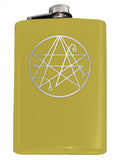 Necronomicon Sigil Engraved 8oz Hip Flask, Stainless Steel Many Colors-Brand New 8oz Flask with Engraved Necronomicon SIgil 8oz Stainless Steel Flask with easy closure screw cap lid. Measures 5.5" tall and 3.75" wide and holds eight shots. Available in your choice of color with optional funnel or gift box with funnel and cups. Ships from the USA Lovecraft Cthulhu -
