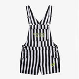 Never Trust The Living Womens Black and White Striped Shortalls -Black and white striped, high waisted womens shorttalls. 'Never Trust The Living' embroidered across chest, beetle and skull detailing on the leg.Quality construction and embroidering. Free shipping. Kustom kowai goth gothic stripes streetwear tim burton beetlejuice inspired harajuku horror jumper romper shorts.-Black-L-