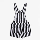 Never Trust The Living Womens Black and White Striped Shortalls -Black and white striped, high waisted womens shorttalls. 'Never Trust The Living' embroidered across chest, beetle and skull detailing on the leg.Quality construction and embroidering. Free shipping. Kustom kowai goth gothic stripes streetwear tim burton beetlejuice inspired harajuku horror jumper romper shorts.-