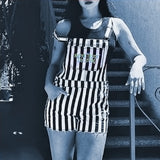 Never Trust The Living Womens Black and White Striped Shortalls -Black and white striped, high waisted womens shorttalls. 'Never Trust The Living' embroidered across chest, beetle and skull detailing on the leg.Quality construction and embroidering. Free shipping. Kustom kowai goth gothic stripes streetwear tim burton beetlejuice inspired harajuku horror jumper romper shorts.-