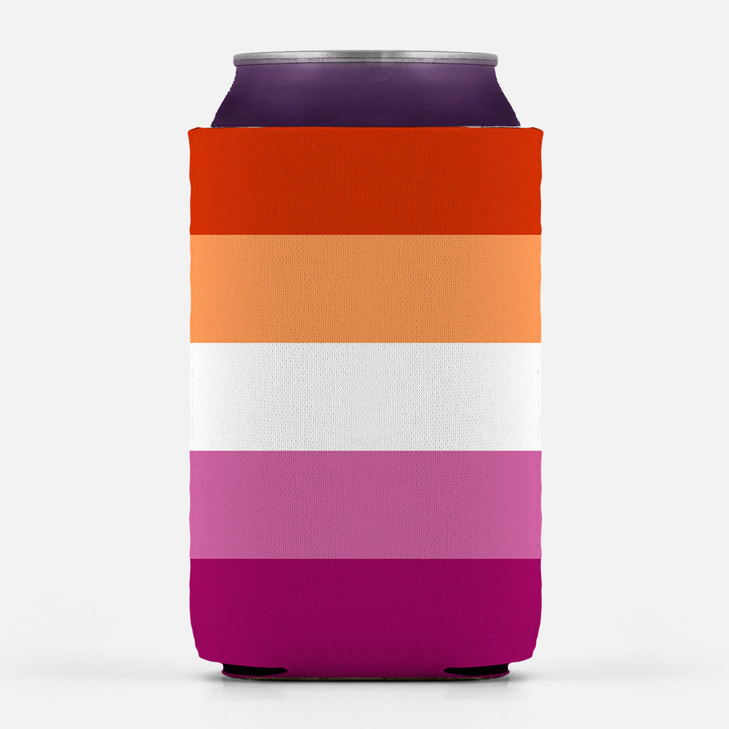 Lesbian Pride Can Cooler, LGBTQ LGBTQIA Updated Inclusive Anti-TERF-High quality, reusable neoprene beverage insulator sleeve. Fits standard 12oz and 16oz cans or bottles and keeps beverages cold. Easy to clean and foldable for easy storage. Great gift or drink marker for parties. LGBT GLBT LGBTQ LGBTQIA LGBTQX Lesbian Pride, Updated Trans Inclusive anti-TERF stripes-