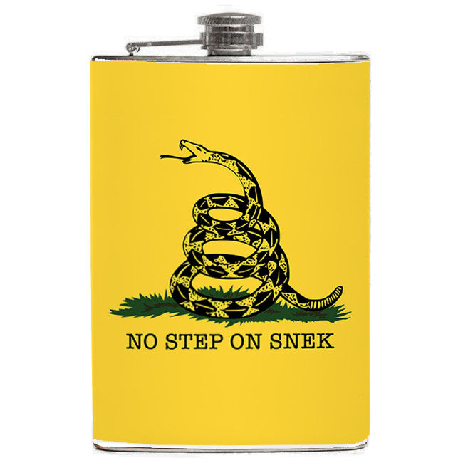 -No Step on Snek, Gadsden 'Don't Tread on Me' snake flag parody flask. Brand New 8oz stainless steel flask with easy closure screw cap lid with artwork on waterproof vinyl that fully wraps around the flask. Measures 5.5" tall and 3.75" wide and holds eight shots. Choice of just the flask, flask & stainless steel funnel or with gift box containing stainless steel funnel & shot glas-