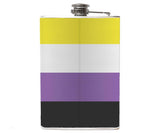 -Nonbinary LGBTQ Pride Flask. Brand New 8oz stainless steel flask with easy closure screw cap lid with striped non binary pride flag artwork on waterproof vinyl that fully wraps around the flask. Measures 5.5" tall and 3.75" wide and holds eight shots. Choice of just the flask, flask & stainless steel funnel or with gift box containing stainless steel funnel & shot glass-