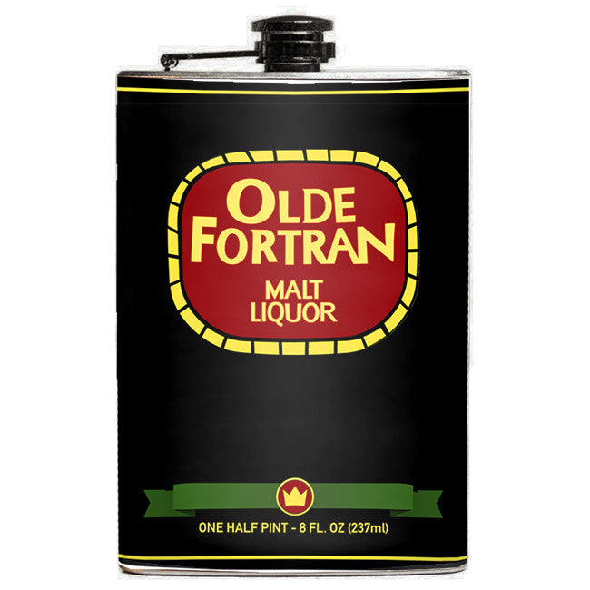 -Funny Olde Fortran Flask. Brand New 8oz stainless steel flask with easy closure screw cap lid with artwork on waterproof vinyl that fully wraps around the flask. Measures 5.5" tall and 3.75" wide and holds eight shots. Choice of just the flask, flask & stainless steel funnel or with gift box containing stainless steel funnel & shot glas-