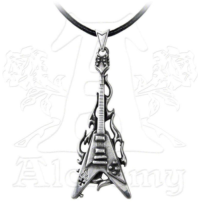-Alchemy Gothic "Shredder's Axe" Flying V Electric Guitar faux-stretcher Earring An undeniably aggressive instrument of speed and passion, impaling the ear of the dedicated metalhead. Measures roughly 2.56" x 0.87" x 0.31, appearance of a stretcher but fits standard piercing. Made of lead-free fine English pewter with surgical steel post. Designed to fit the right ear only. Genuine Alchemy of England Product - Brand New with Alchemy Lifetime Guarantee -