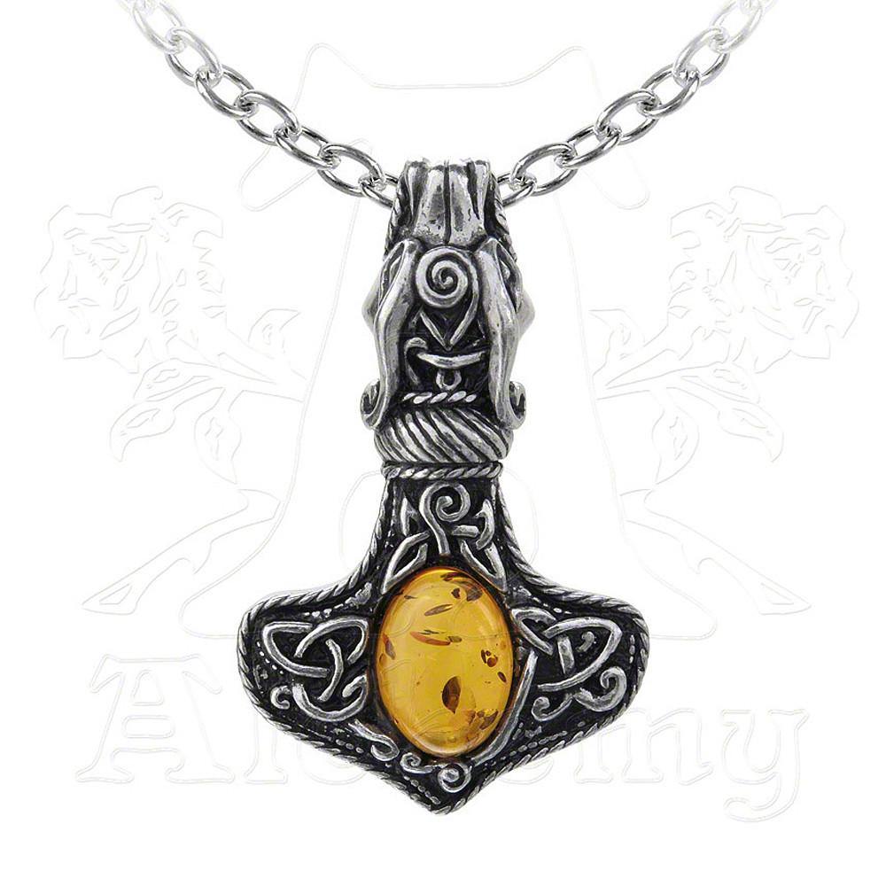 -Ornate and highly intricate pagan amulet of power and protection. The head of a dragon bites the chain. The hammer, decorated with both traditional celtic knotwork & runes set with a unique, translucent, real 30+ million year old polished amber gemstone cabochon, allowing the natural flaws to be seen against the light.-