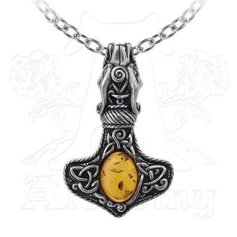 -Ornate and highly intricate pagan amulet of power and protection. The head of a dragon bites the chain. The hammer, decorated with both traditional celtic knotwork & runes set with a unique, translucent, real 30+ million year old polished amber gemstone cabochon, allowing the natural flaws to be seen against the light.-