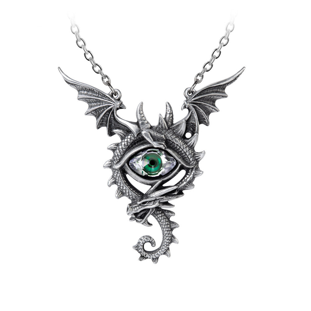 -Large spread wing dragon wrapping around deep emerald green Austrian crystal eye. Handcrafted in the UK of lead-free Fine English Pewter. Pendant measures 3.39x2.95x0.67 inches, short split chain and 18in (46cm) trace chain. Genuine Alchemy Product. Imported. Ships from the USA. dragons goth medieval fantasy jewelry-