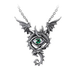 -Large spread wing dragon wrapping around deep emerald green Austrian crystal eye. Handcrafted in the UK of lead-free Fine English Pewter. Pendant measures 3.39x2.95x0.67 inches, short split chain and 18in (46cm) trace chain. Genuine Alchemy Product. Imported. Ships from the USA. dragons goth medieval fantasy jewelry-