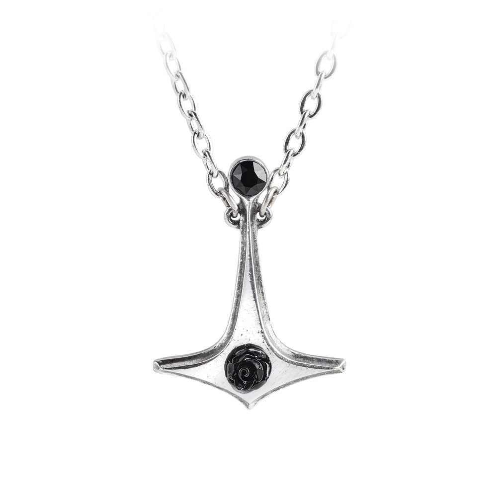 -Small, modern style pewter Thor's hammer pendant set with a black Swarovski crystal and resin rose flower. Hand-crafted in lead-free, Fine English pewter. Measures roughly 1.38 inch long, 0.98 inch wide and 0.2in deep on 21 inch trace chain. Genuine Alchemy Product - Brand New with Alchemy Lifetime Guarantee-