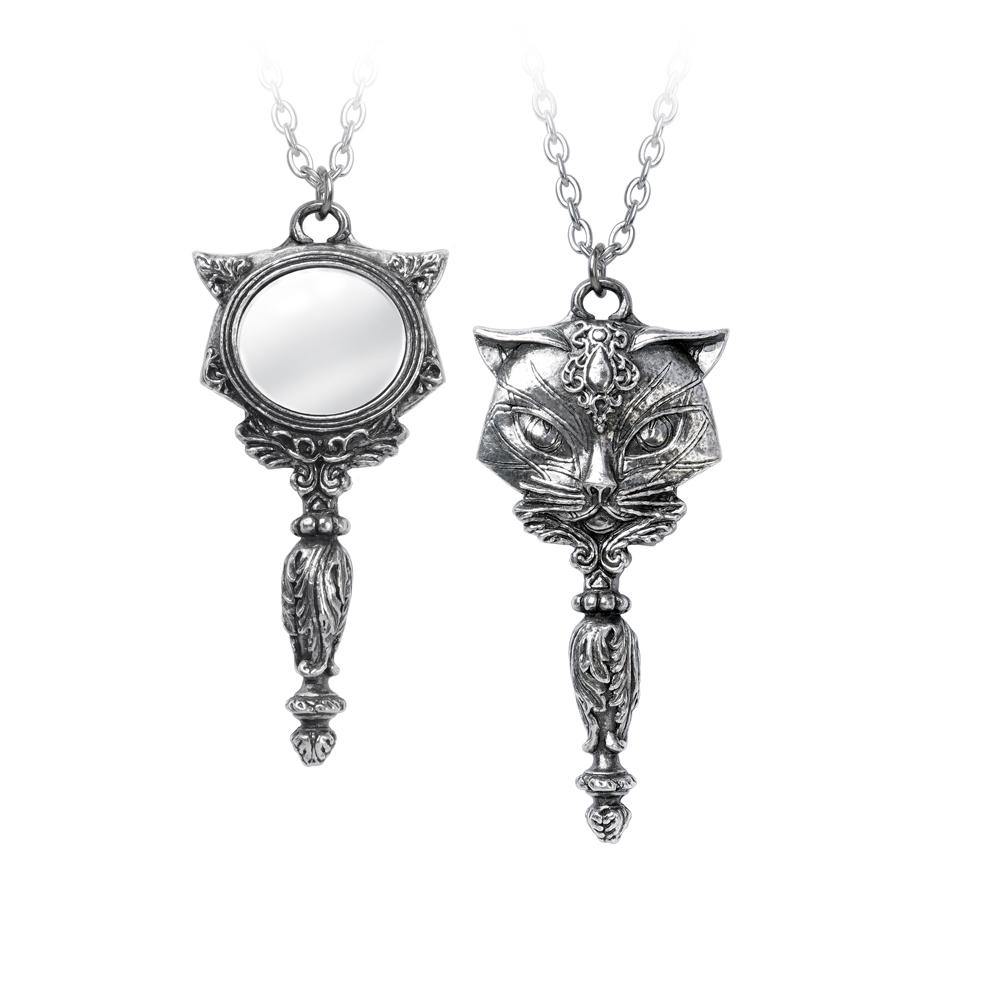 Sacred Cat Vanitas Necklace, Alchemy Gothic - Mini hand Mirror Pendant-The imperious feline deity preening itself to perfection, from either side projecting its aura of confident supremacy. Check you feline beauty with this perfectly proportioned mirror. A miniature, highly ornamental pewter hand mirror pendant in the stylized form of a cat face. Brand New with Alchemy Lifetime Guarantee-
