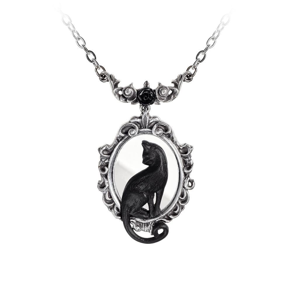 Feline Felicity Necklace, Alchemy Gothic - Black Cat Mirror Pendant Necklace-Alchemy Feline Felicity Black Cat and Mirror Pendant Necklace Silent, stealthy and omnipresent, your ailuros companion confidently reflects upon your destiny. Check you feline beauty with this perfectly proportioned mirror necklace. An ostentatious Fine English Pewter pendant of a mirror in an ornate oval frame, with a black pewter cat sat looking onto the mirror. The pendant measures approximately 2.28 inches long, 1.42 inch wide