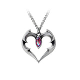 -A bat wing formed heart pendant with central Austrian Crystal accent. Handcrafted in the UK of lead-free, Fine English Pewter. Genuine Alchemy Product - Brand New with Alchemy Lifetime Guarantee - Great gift for the batman, batwoman, batgirl or batboy in your life. bat heart vampire vamp goth halloween love-