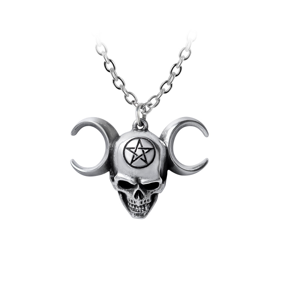 -A dark, alternative Triple Moon Goddess, who with obdurate resolve invokes the collective forces of creation to counter the crassly myopic, tragic materialism of humanity. Pentacle engraved skull pendant handcrafted in the UK of lead-free, Fine English Pewter. Genuine Alchemy - Brand New with Alchemy Lifetime Guarantee-