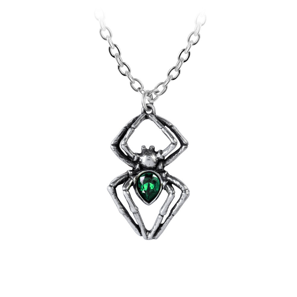 -A smaller, but no less deadly predator, still poised to sink its irresistible fangs. A small spider pendant handcrafted in the UK of lead free Fine English Pewter with emerald green Swarovski crystal. Genuine Alchemy Gothic Product - Brand New with Alchemy Lifetime Guarantee-