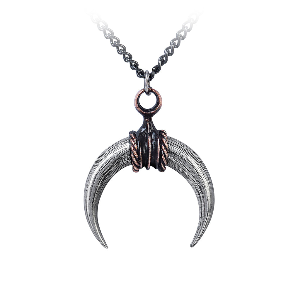 -Bull's Horn Pendant Necklace – The Mithraic cult of the Roman underworld practiced in subterranean temples, centered on the god overpowering and slaying a bull, the tauroctony. The moon goddess, Luna, the sole female permitted. A curved, crescent bull horn pendant handcrafted in the UK of lead-free Fine English Pewter. -