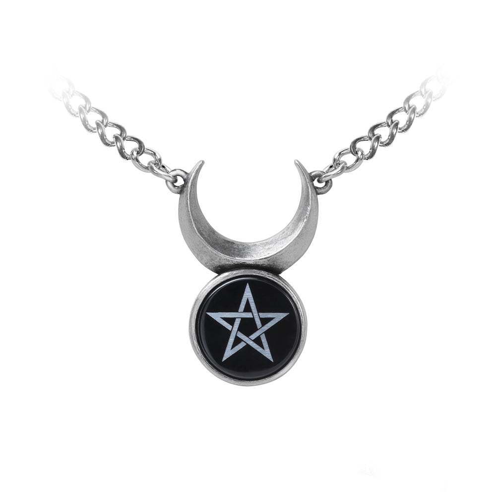 -Sin, original Mesopotamian moon deity and early progenitor of Cernunnos. Male counterpart and consort to the Triple Goddess, (the two principle Wiccan deities). A horned god pentacle pendant handcrafted in the UK of Fine English Pewter and black enamel. Genuine Alchemy Product, Brand New with Alchemy Lifetime Guarantee-