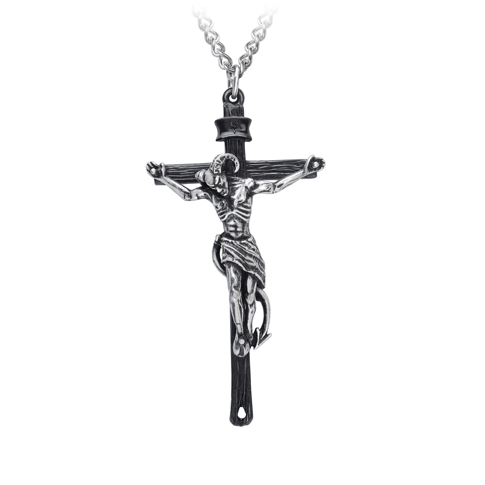 Crucifaustan Pendant Necklace, Alchemy Gothic - Faustus Crucifix Cross-Faustus, who's pact with the Devil to trade his soul for endless earthly pleasure and knowledge, ultimately ended in purgatorial anguish. A unique alternative crucifix / cross pendant hand-crafted in the UK of two-tone, lead-free Fine English pewter. Genuine Alchemy Product - Brand New with Alchemy Lifetime Guarantee -