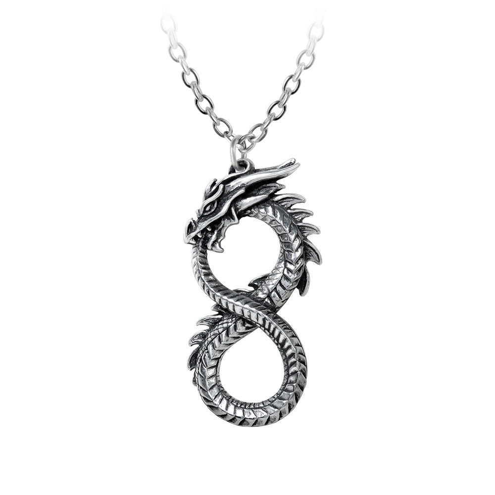 Infinity Dragon Pendant Necklace, Alchemy Gothic, P916 Jormungander-A finely detailed dragon forming an infinity symbol in a style similar to a snake ouroboros or Jormungander / Midgard world serpent. A great piece for Altered Carbon LARP / Cosplay as it closely resembles the emblem from the series. Lead-free Fine English Pewter. Genuine with Lifetime Guarantee. UK Import, US Seller.-