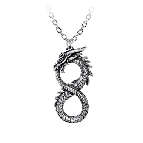 Infinity Dragon Pendant Necklace, Alchemy Gothic, P916 Jormungander-A finely detailed dragon forming an infinity symbol in a style similar to a snake ouroboros or Jormungander / Midgard world serpent. A great piece for Altered Carbon LARP / Cosplay as it closely resembles the emblem from the series. Lead-free Fine English Pewter. Genuine with Lifetime Guarantee. UK Import, US Seller.-