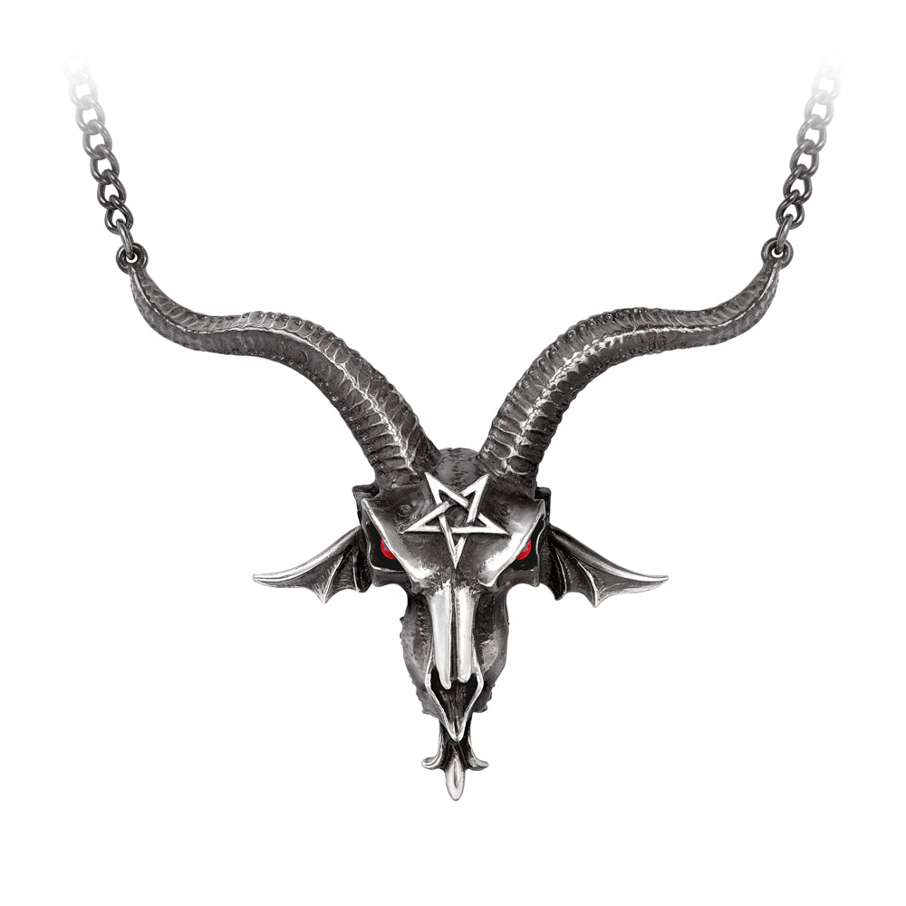 -Ancient goat skulled deity, whispering wisdom from the lost cults of antiquity. Hermaphroditic hierophant to the subversive seeker of sagacity. A large Baphomet Skull necklace with red crystal eyes handcrafted of lead-free Fine English Pewter. Ships from the USA. Goth rock occult devil demon heavy metal witchcraft -