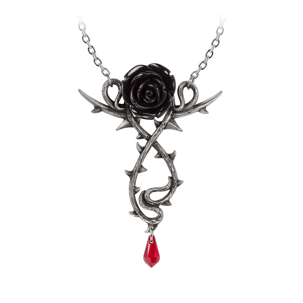 -Roses are red, or so the aphorism goes... but not in the mountains of Romania, where the darkest of romances prevail. Lead and nickel free Fine English Pewter. Genuine Alchemy Gothic product. Shipped from the USA. black rose goth gothic necklace thorned vine crystal drop dark romance valentines day love hearts-