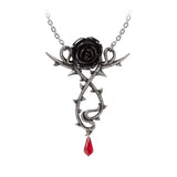 -Roses are red, or so the aphorism goes... but not in the mountains of Romania, where the darkest of romances prevail. Lead and nickel free Fine English Pewter. Genuine Alchemy Gothic product. Shipped from the USA. black rose goth gothic necklace thorned vine crystal drop dark romance valentines day love hearts-