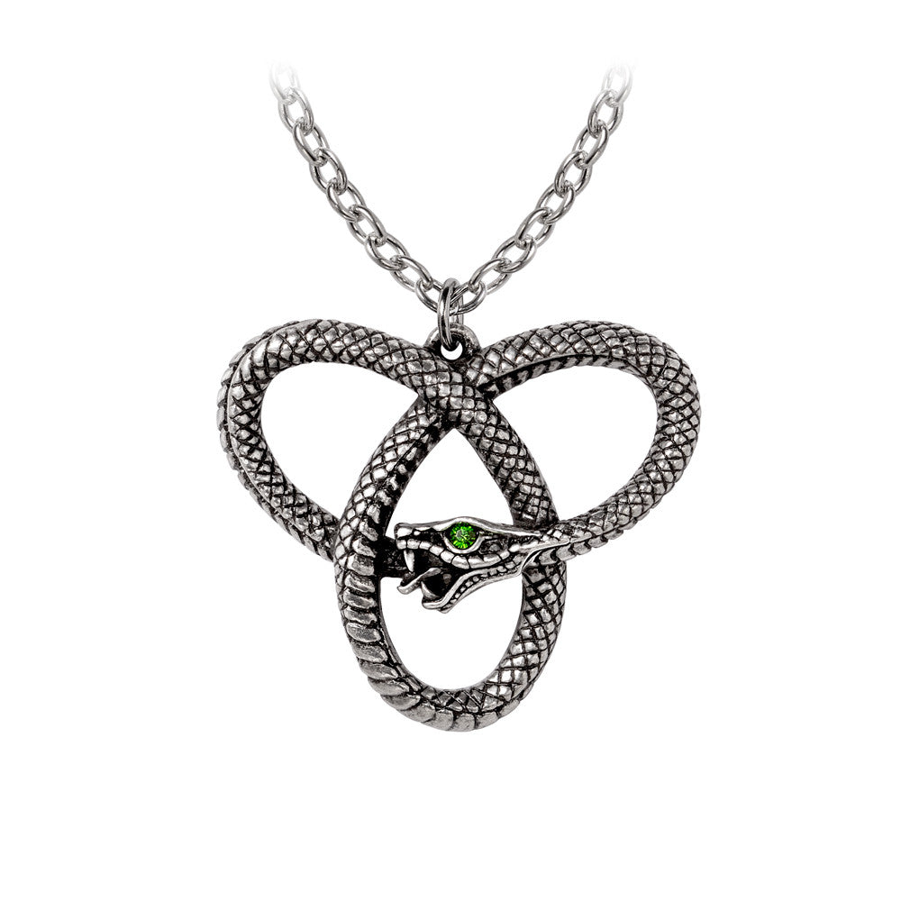 -A Celtic-pagan intimation of rebellious triplicity; the eternity of the triple goddess with a touch of female willfulness. Lead and nickel free Fine English Pewter. Genuine Alchemy Gothic product. Shipped from the USA. 
irish celts garden of eden serpent snake knotwork triquetra knot ouroboros goth gothic jewelry-