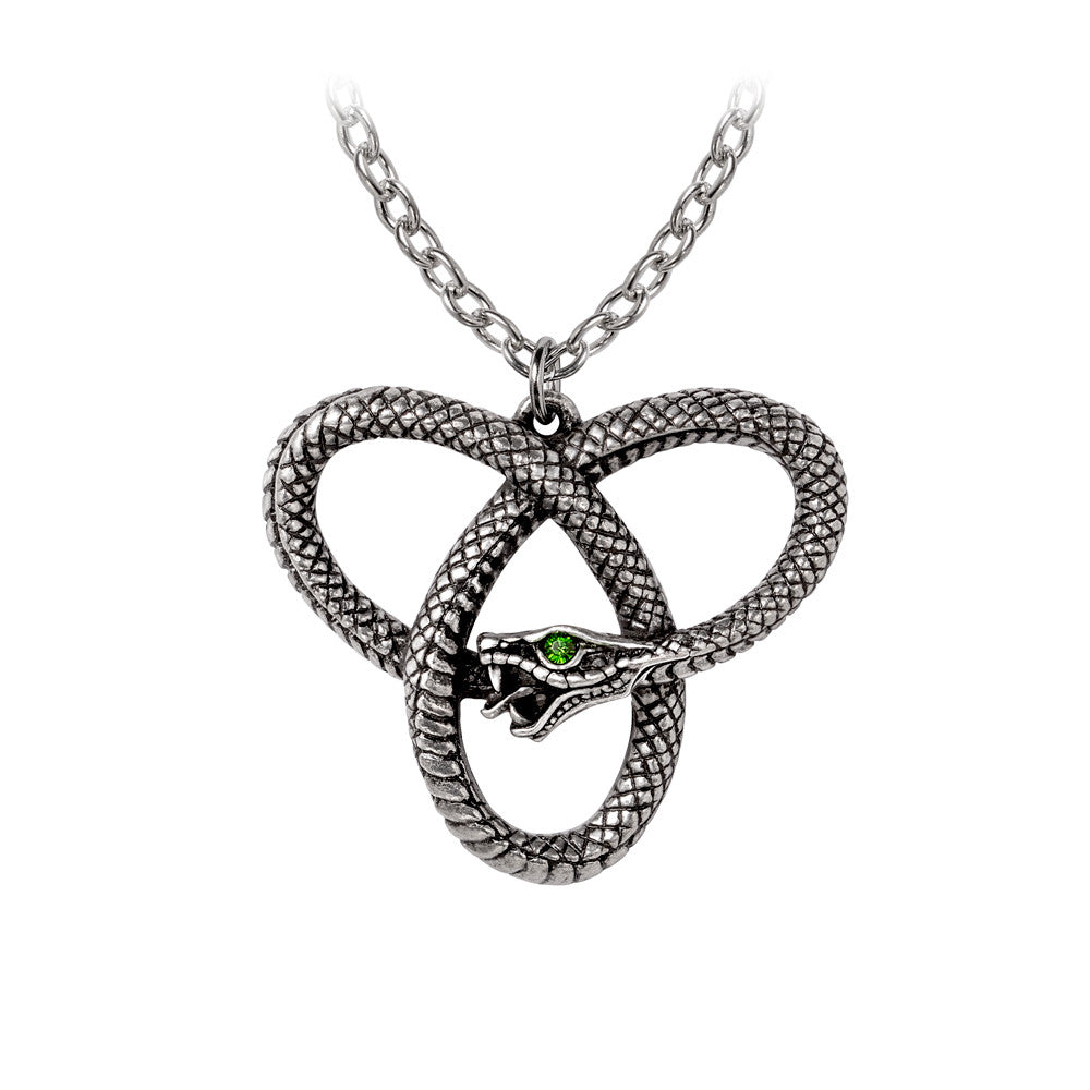-A Celtic-pagan intimation of rebellious triplicity; the eternity of the triple goddess with a touch of female willfulness. Lead and nickel free Fine English Pewter. Genuine Alchemy Gothic product. Shipped from the USA. irish celts garden of eden serpent snake knotwork triquetra knot ouroboros goth gothic jewelry-