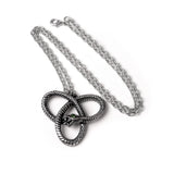 -A Celtic-pagan intimation of rebellious triplicity; the eternity of the triple goddess with a touch of female willfulness. Lead and nickel free Fine English Pewter. Genuine Alchemy Gothic product. Shipped from the USA. irish celts garden of eden serpent snake knotwork triquetra knot ouroboros goth gothic jewelry-