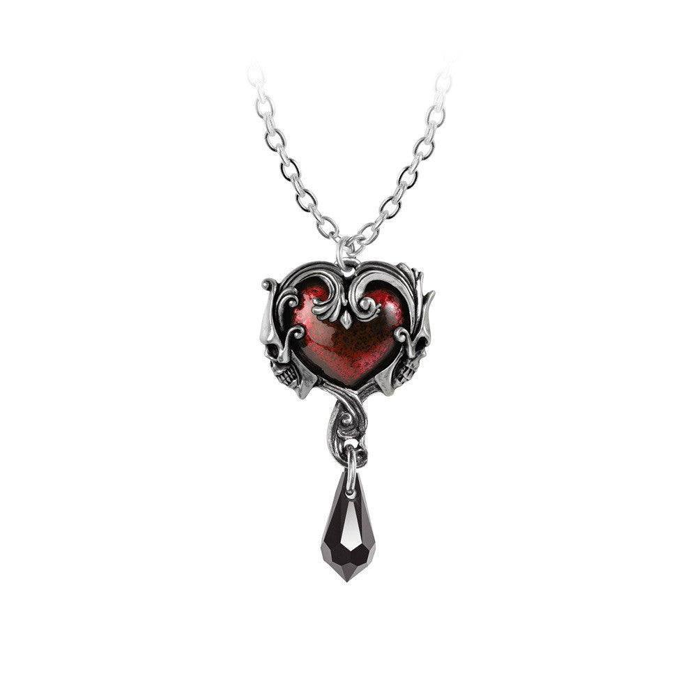 -A delicate deep red enamel heart with antiqued Fine English Pewter baroque frame and crystal dropper. Nickel-free chain with clasp fastener and trace chain. Overall length ~32in. Handcrafted in the UK. Imported. Ships from the USA. - Dark goth punk emo designer fashion jewelry love romance hearts gift ornamental -