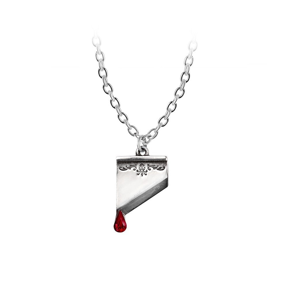 Marie Antoinette Guillotine Blade Pendant Necklace, Alchemy Gothic-Flaunting the regal finesse of a doomed age. Guillotine blade bearing the last traces of aristocratic life; with fine crystal blood drop. Add simple gothic elegance to your attire. Guillotine blade with fine Austrian crystal blood drops on nickel-free chain. Shipped from the USA.-