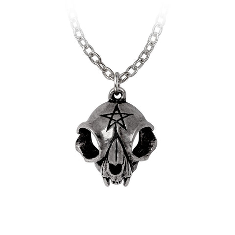 -You're never alone with your feline familiar. A polished cat skull necklace with an etched pentagram symbol. Handcrafted in the UK of lead-free, Fine English Pewter. The pendant measures 1.06" x 0.87" & 0.55" deep on ~21" nickel free chain with clasp fastener. Genuine Alchemy Gothic Product. Ships from the USA.-
