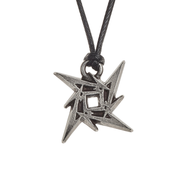 METALLICA Ninja Star Pendant Necklace, Alchemy Gothic, Ships from USA-Officially Licensed Metallica Ninja Star emblem necklace by Alchemy Gothic. Metallica's ninja star emblem rendered in three dimensional antiqued English pewter, on 30in black waxed cord. Made in the UK. Genuine Alchemy Gothic Metallica band merch. Shipped from the USA. Classic Heavy metal hard rock music jewelry. -