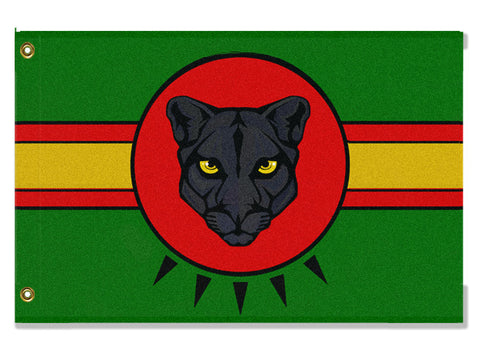 -High quality, professionally printed polyester flag. Single or fully double-sided with blackout layer, grommets or pole pocket / sleeve. 2x1ft / 1x2ft, 3x2ft / 2x3ft, 5x3ft / 3x5ft, custom. Fully customizable. African Panther Flag, Green Yellow Red Black-3 ft x 2 ft-Standard-Grommets-