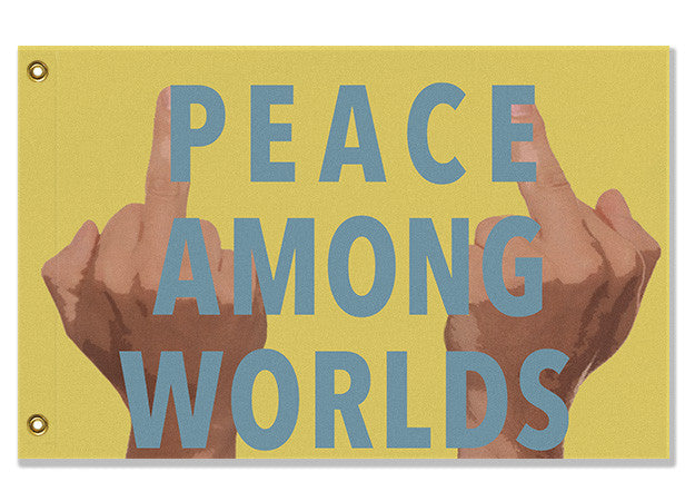 Peace Among Worlds Flag - Funny Microverse Sci-Fi Cartoon Parody Meme-High quality, professionally printed polyester flag in your choice of size and style, single or fully double-sided with blackout layer, grommets or pole pocket / sleeve. 2x1ft / 1x2ft, 3x2ft / 2x3ft, 5x3ft / 3x5ft, custom. Fully customizable. Funny Sci-Fi Science Fiction Cartoon Meme Microverse Rude Festival Banner-