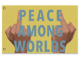 Peace Among Worlds Flag - Funny Microverse Sci-Fi Cartoon Parody Meme-High quality, professionally printed polyester flag in your choice of size and style, single or fully double-sided with blackout layer, grommets or pole pocket / sleeve. 2x1ft / 1x2ft, 3x2ft / 2x3ft, 5x3ft / 3x5ft, custom. Fully customizable. Funny Sci-Fi Science Fiction Cartoon Meme Microverse Rude Festival Banner-