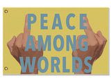 Peace Among Worlds Flag - Funny Microverse Sci-Fi Cartoon Parody Meme-High quality, professionally printed polyester flag in your choice of size and style, single or fully double-sided with blackout layer, grommets or pole pocket / sleeve. 2x1ft / 1x2ft, 3x2ft / 2x3ft, 5x3ft / 3x5ft, custom. Fully customizable. Funny Sci-Fi Science Fiction Cartoon Meme Microverse Rude Festival Banner-