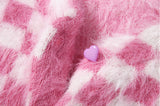 Pink and White Check Mohair Cropped Cardigan, Super Soft, Lightweight -Super soft pink and white checkered, cropped cardigan made of knitted mohair with v-neck, colorful heart shaped buttons. Available in 2 sizes. Free shipping from abroad. Typically arrives in about 2-4 weeks to the USA. Sweet cute kawaii kustom egirl fuzzy furry unique sexy and playful short sweater extra long sleeves.-