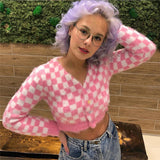 Pink and White Check Mohair Cropped Cardigan, Super Soft, Lightweight -Super soft pink and white checkered, cropped cardigan made of knitted mohair with v-neck, colorful heart shaped buttons. Available in 2 sizes. Free shipping from abroad. Typically arrives in about 2-4 weeks to the USA. Sweet cute kawaii kustom egirl fuzzy furry unique sexy and playful short sweater extra long sleeves.-