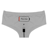 Please Charge Women's Low Rise Briefs-Comfortable, women's low-rise briefs with playful printed empty battery, 'Please Charge' and charging cable curving down below. Lightweight and breathable, 92% polyamide / 8% spandex. See size chart.Free shipping.

Funny weird womens ladies girls underwear lingerie panties half-pack peach hip butt half pack kinky sexy-Gray-S-