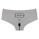 Please Charge Women's Low Rise Briefs-Comfortable, women's low-rise briefs with playful printed empty battery, 'Please Charge' and charging cable curving down below. Lightweight and breathable, 92% polyamide / 8% spandex. See size chart.Free shipping. Funny weird womens ladies girls underwear lingerie panties half-pack peach hip butt half pack kinky sexy-Gray-S-