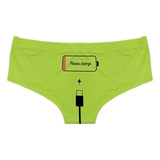 Please Charge Women's Low Rise Briefs-Comfortable, women's low-rise briefs with playful printed empty battery, 'Please Charge' and charging cable curving down below. Lightweight and breathable, 92% polyamide / 8% spandex. See size chart.Free shipping. Funny weird womens ladies girls underwear lingerie panties half-pack peach hip butt half pack kinky sexy-