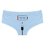Please Charge Women's Low Rise Briefs-Comfortable, women's low-rise briefs with playful printed empty battery, 'Please Charge' and charging cable curving down below. Lightweight and breathable, 92% polyamide / 8% spandex. See size chart.Free shipping.

Funny weird womens ladies girls underwear lingerie panties half-pack peach hip butt half pack kinky sexy-Light Blue-S-