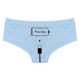 Please Charge Women's Low Rise Briefs-Comfortable, women's low-rise briefs with playful printed empty battery, 'Please Charge' and charging cable curving down below. Lightweight and breathable, 92% polyamide / 8% spandex. See size chart.Free shipping. Funny weird womens ladies girls underwear lingerie panties half-pack peach hip butt half pack kinky sexy-Light Blue-S-