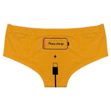 Please Charge Women's Low Rise Briefs-Comfortable, women's low-rise briefs with playful printed empty battery, 'Please Charge' and charging cable curving down below. Lightweight and breathable, 92% polyamide / 8% spandex. See size chart.Free shipping. Funny weird womens ladies girls underwear lingerie panties half-pack peach hip butt half pack kinky sexy-